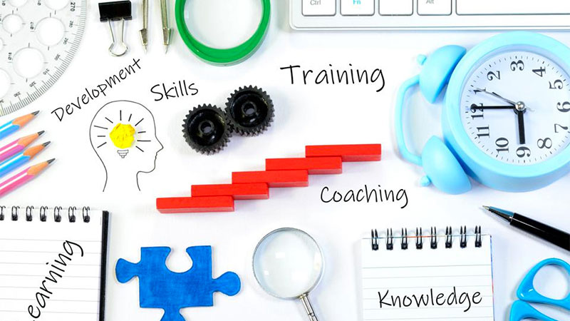 Pads of paper and desk tools arranged on a desk with handwritten words strewn throughout: "Development, Skills, Training, Coaching, Learning, Knowledge."